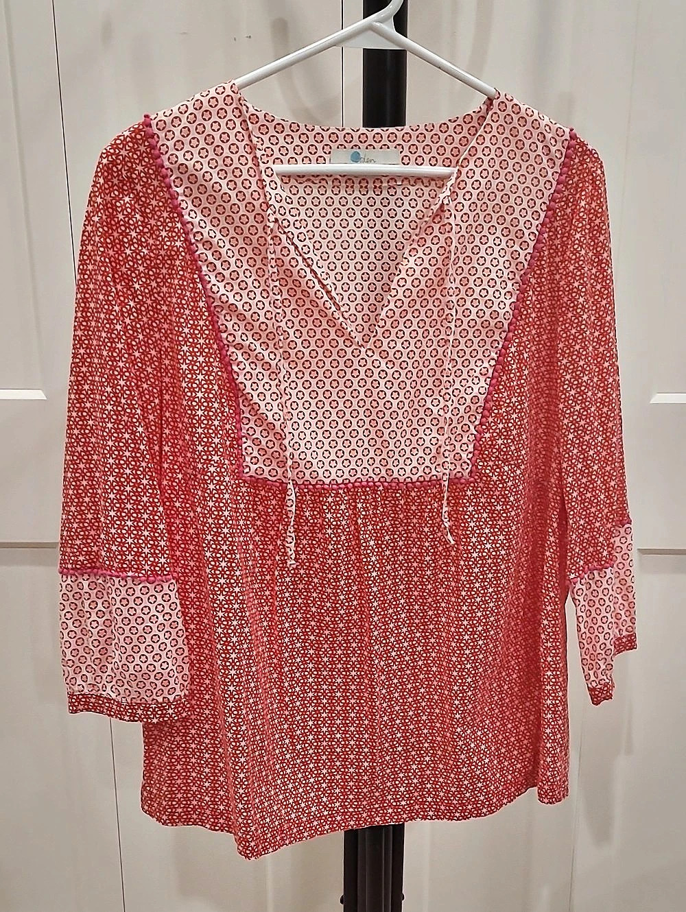 Boden Red & White Geometric Print Blouse Size L